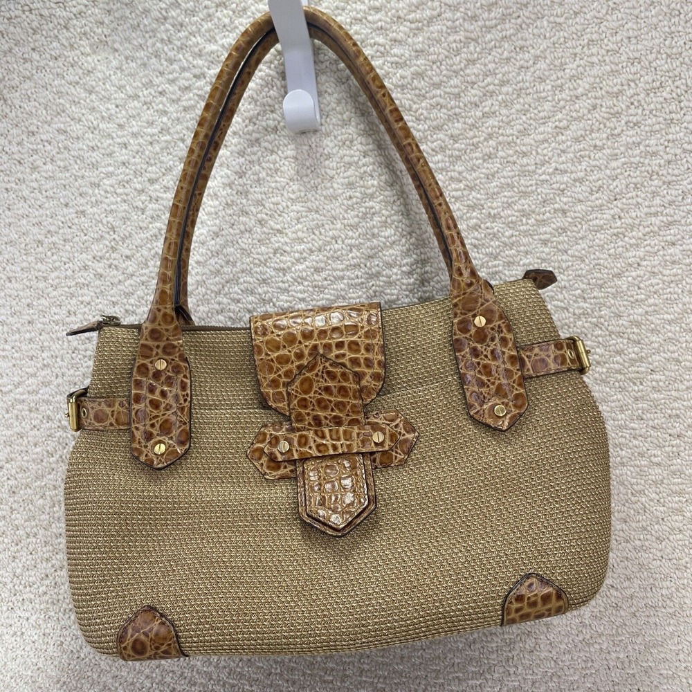 Eric Javits New York Handbag Squishee Woven Straw Croc Embossed Satchel Purse